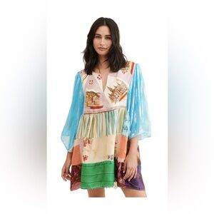 NWT Place Nationale Colorful Patchwork Dress with Sheer Sleeves 1X 🌹🌺🌸